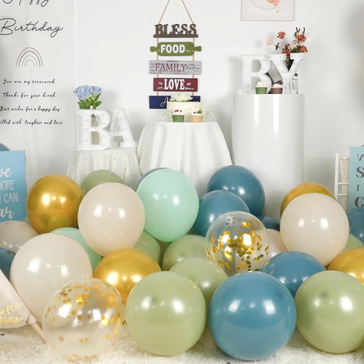 Paready Sage Green and Dusty Blue Balloon Set, 50Pcs 12 Inch Metallic Confetti Gold Apricot Balloons for Safari Birthday Party Bridal Shower Decorations