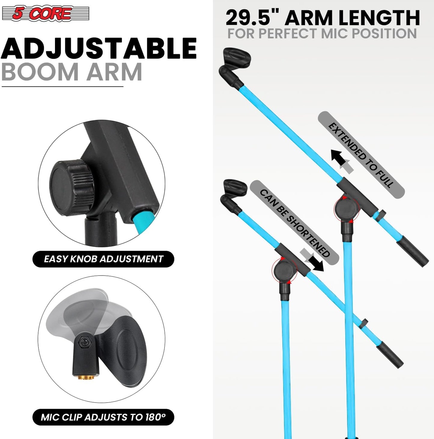 5 Core Tripod Mic Stand Floor Adjustable 18 to 72 Inches Sturdy Boom Arm Holder Microphone Stands Pedestal Para Microfono for Singing - MS 080 SKY BLU