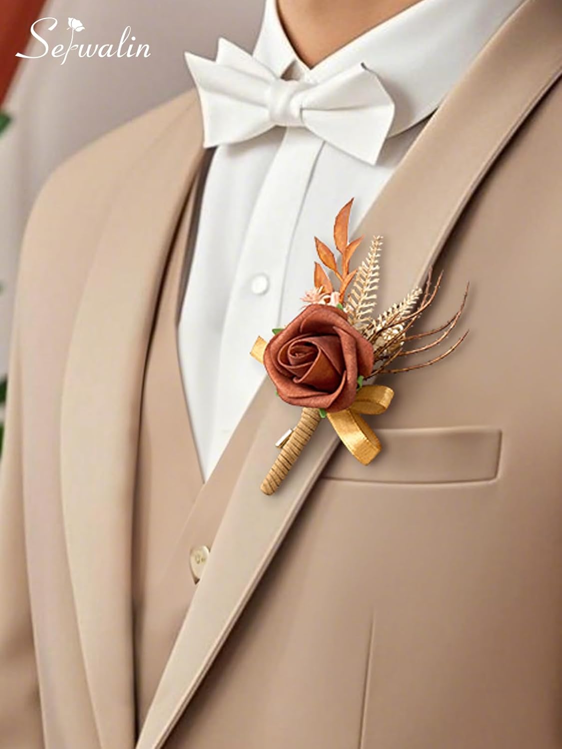 Serwalin 10Pcs Boutonniere for Men, Burnt Orange Groom and Best Man Boutonniere, Artificial Flowers for Wedding Decor, Prom, Homecoming, Ceremony Anniversary, Formal Dinner Party