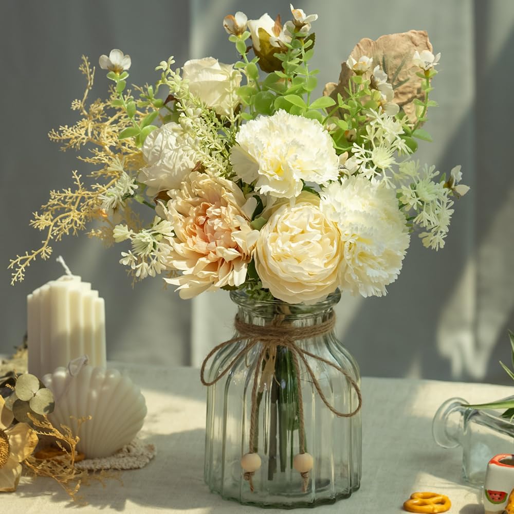 LESING Fake Artificial Flowers with Vase Faux Silk Flower Bouquet in Glass Vase Rose Floral Arrangements Flower for Home Office Decoration, Dining Table Centerpiece (White)