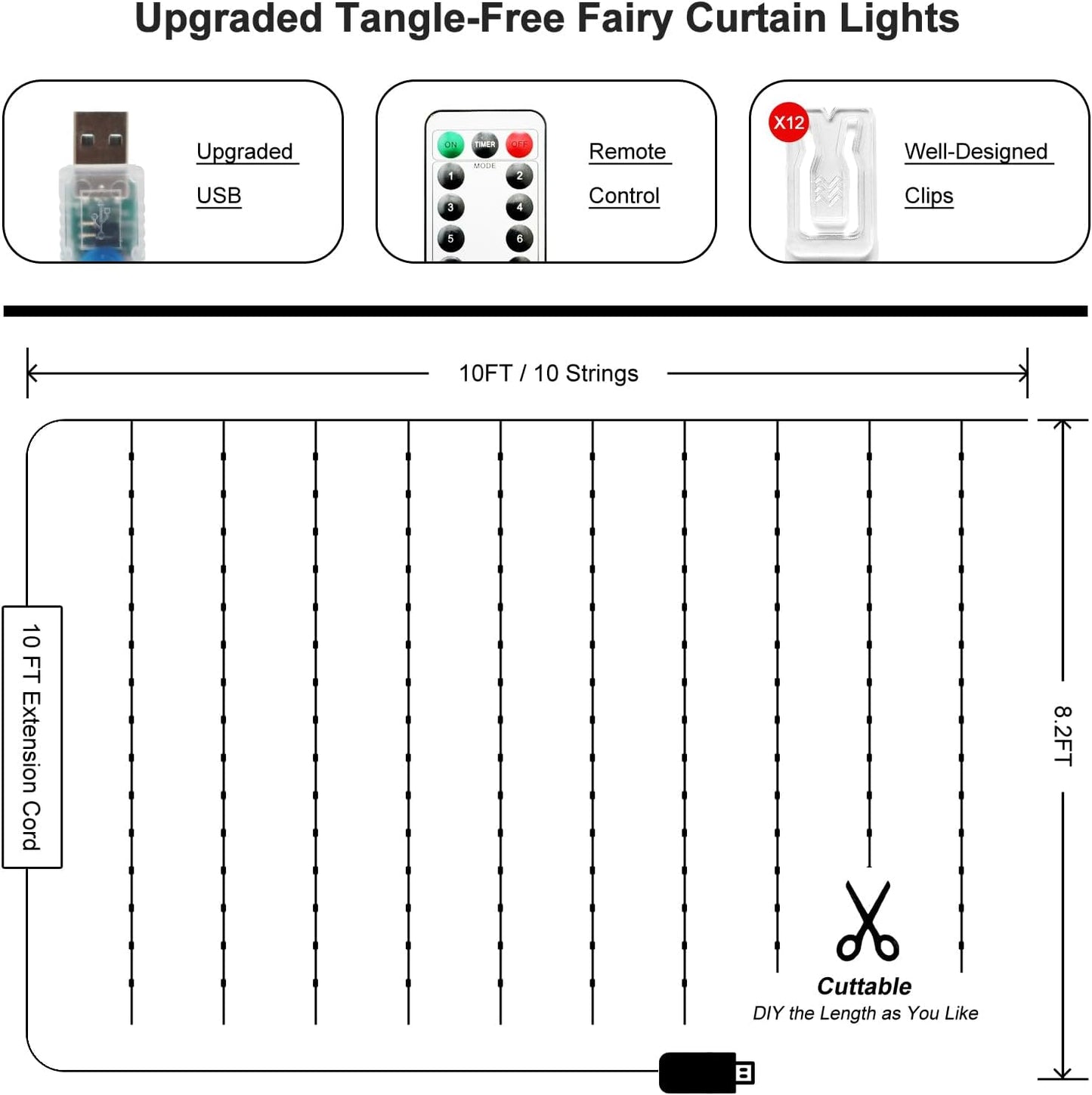 Fairy Curtain Lights Upgraded Tangle-Free Warm White USB Plug in 8 Modes String Hanging Lights with Remote for Christmas, Bedroom, Indoor, Outdoor, Weddings, Party (10FTx8.2FT)