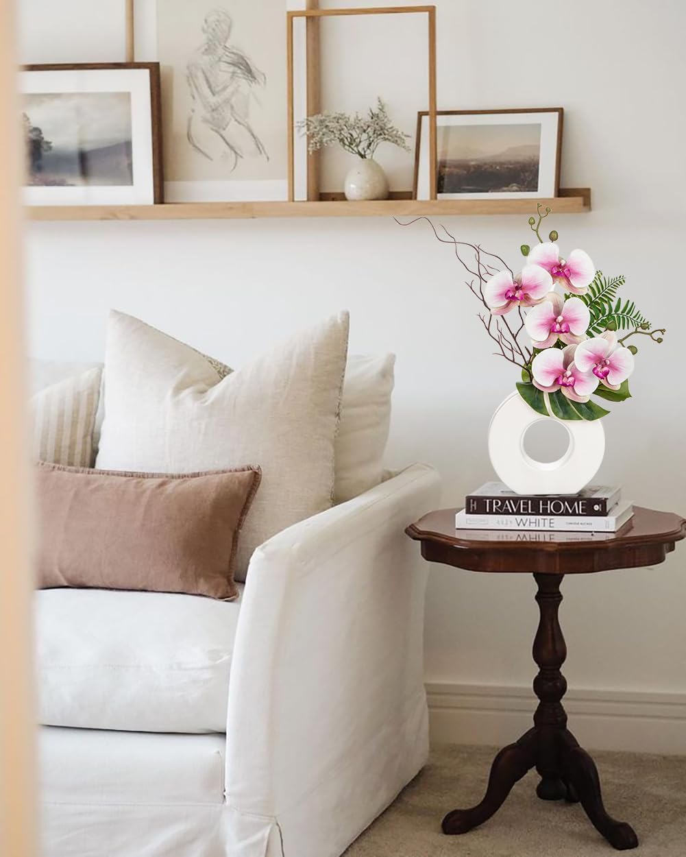 Briful Orchid Artificial Flowers 16.1'' Pink Orchid Silk Flowers with Ceramic Vase Faux Orchid Arrangement for Home Office Bathroom Table Centerpiece Indoor Decoration