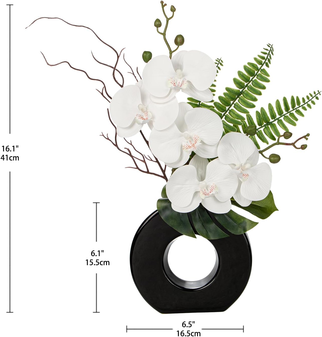 Briful Orchid Fake Flowers 16.1'' White Artificial Orchid Silk Flowers in Black Pot Faux Orchid Arrangement for Home Office Desk Modern Decoration