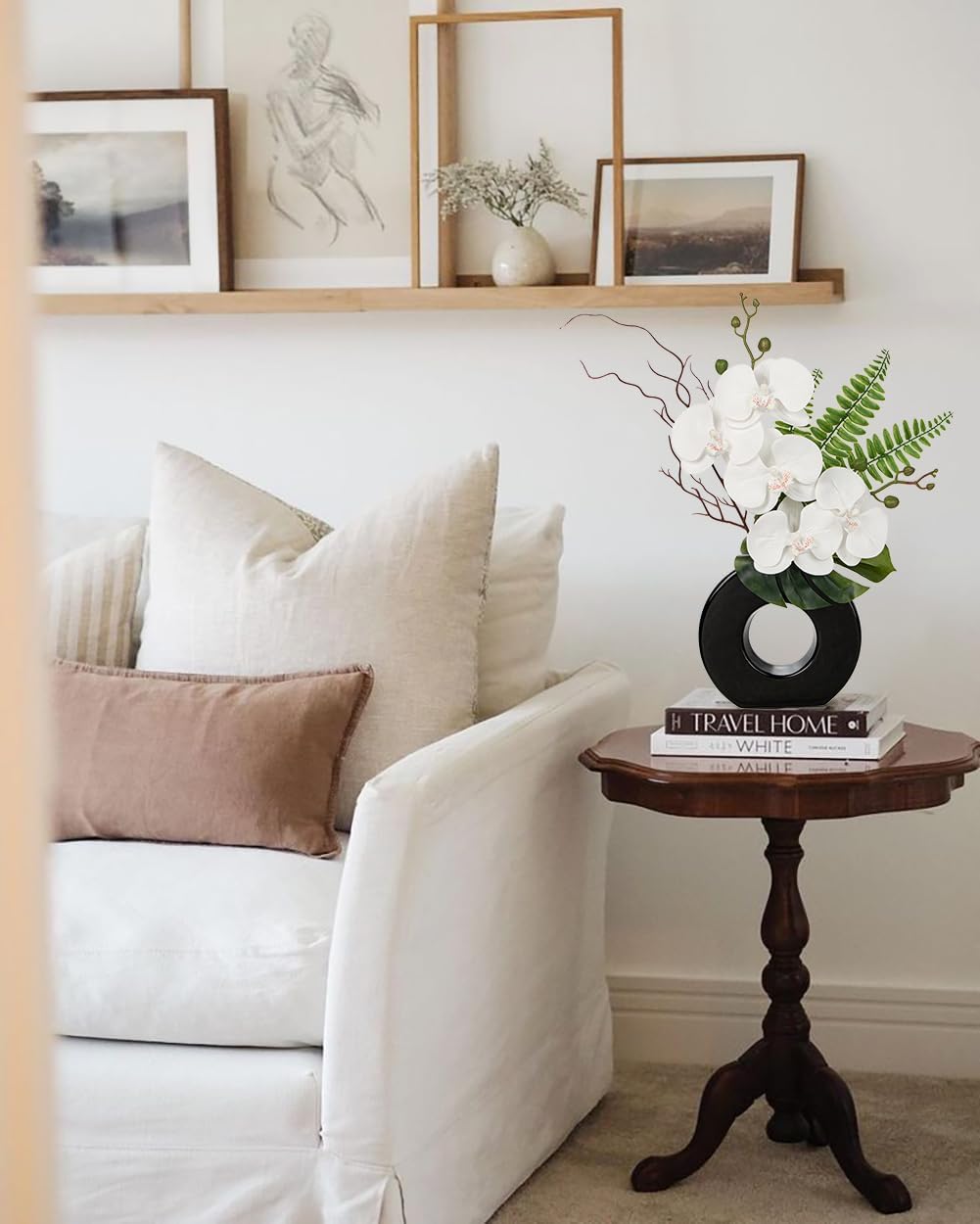 Briful Orchid Fake Flowers 16.1'' White Artificial Orchid Silk Flowers in Black Pot Faux Orchid Arrangement for Home Office Desk Modern Decoration