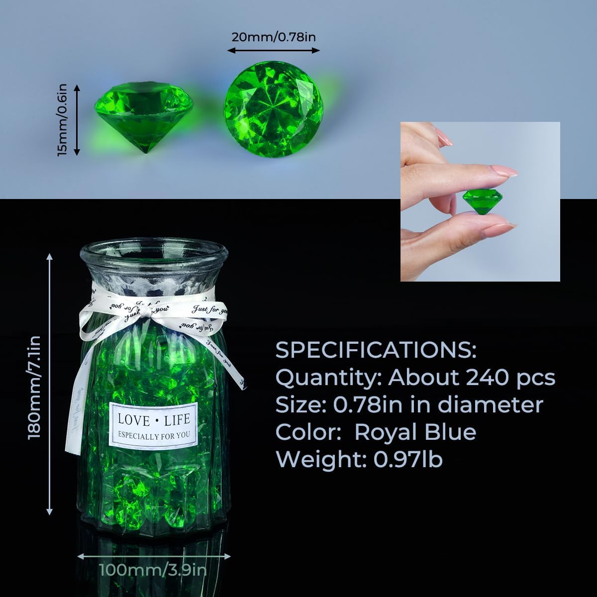 Acrylic Diamond Fake Gems Vase Filler, Babenest 240pcs 3/4 Inch Faux Diamonds Crystals Jewels for Table Scatters Wedding Party Event Arts & Crafts Birthday Decoration Favor (240, Green)