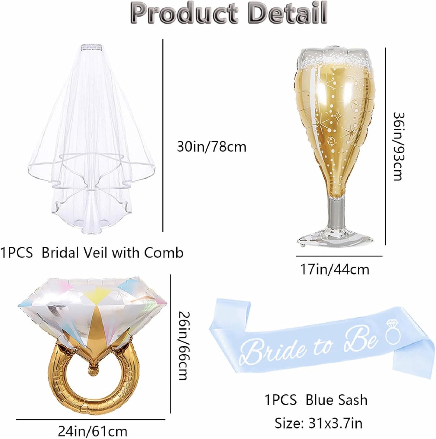 4PCS Bachelorette Blue Sash and Veil for Bride Party, Bride To Be Accessories for Bridal Shower Engagement Wedding