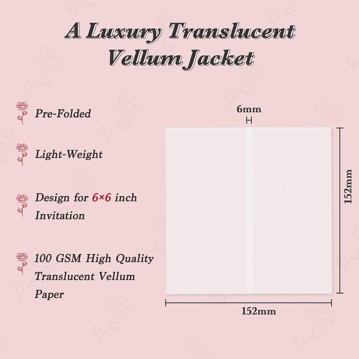 30 Pack Pre-Folded Vellum Jackets for 6x6 Invitations, Translucent Vellum Paper 6x6 Jackets, 100GSM Wedding Invitations Wraps, Envelope Liners for Birthdays, Baby Showers