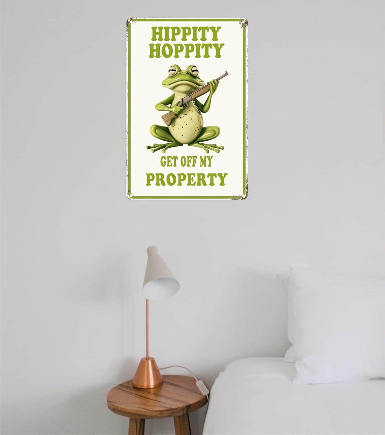 Funny Frog Room Sign - "Hippity Hoppity Get Off My Property" No Trespassing Warning Sign, Vintage Metal Tin Wall Décor, 8" x 12" for Bedroom, Door, Home