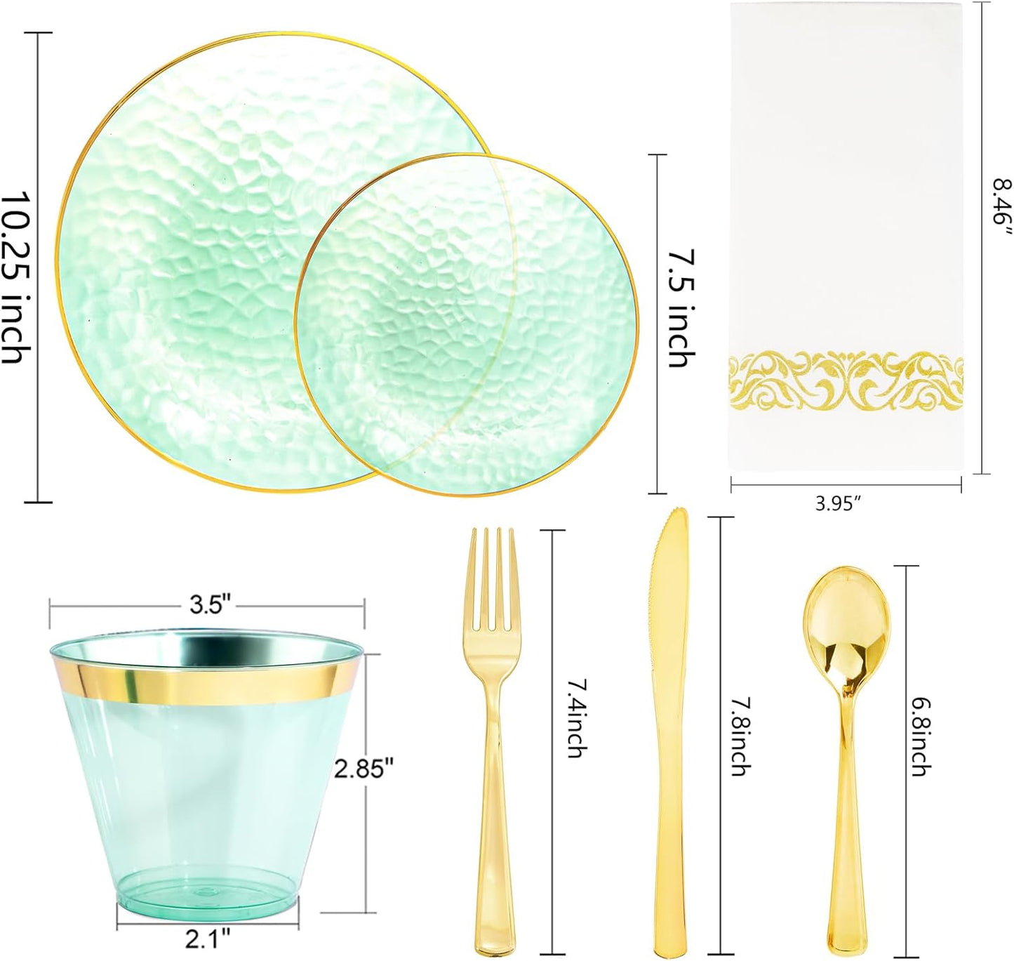 Rubtlamp 175 Pcs Green Plastic Plates Dinnerware Set (25 Guests), Hammered Plates Sets, Green Plastic Party Plates Set include 50 Disposable Plates Set, 75 Gold Plastic Silverware, 25 Cups 25 Napkins