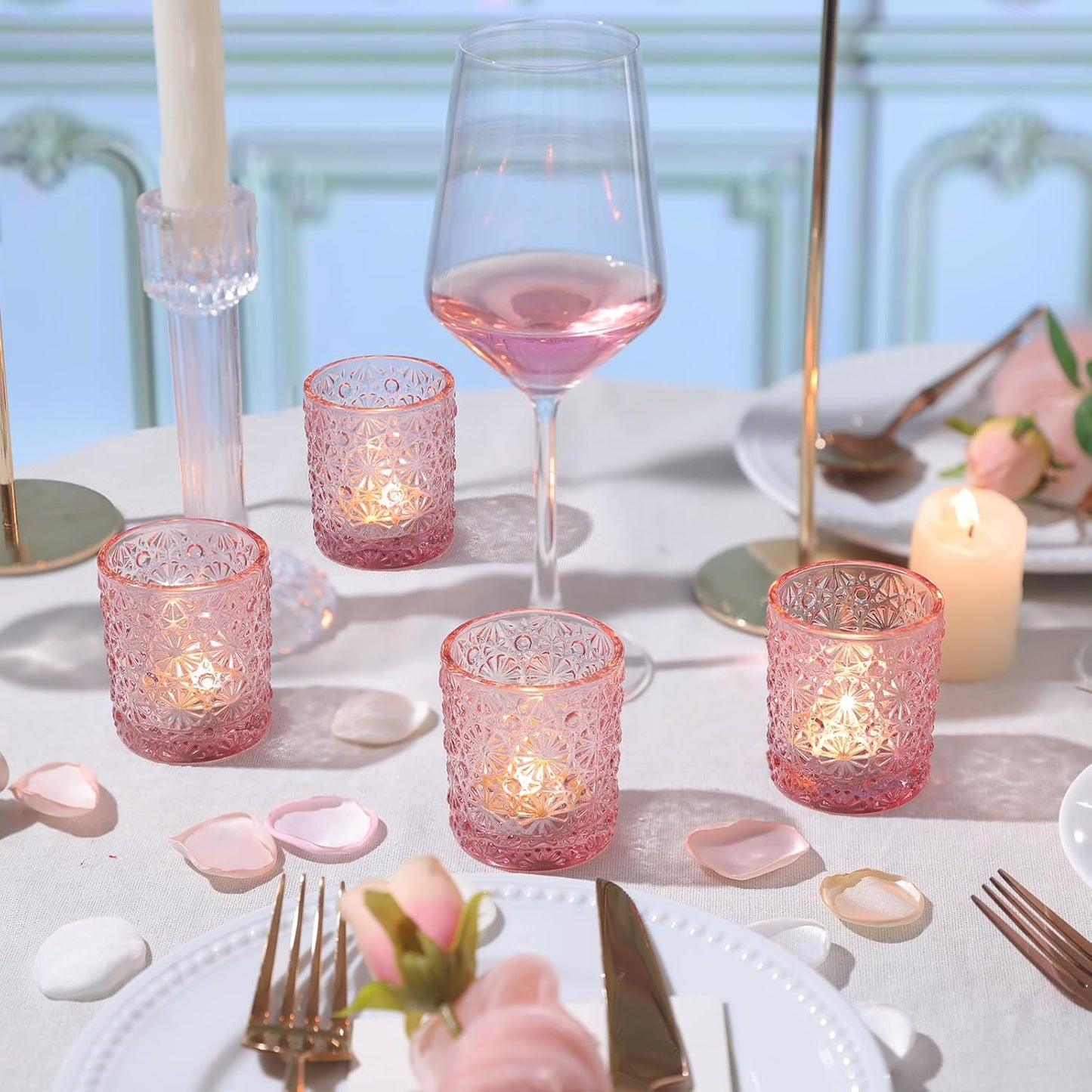 Pink Votive Candle Holder Set of 36, Flower Tea Lights Candles Holders for Wedding Table Centerpieces, Birthday Parties, Anniversary, Pink Bridal Shower and Holiday Decorations