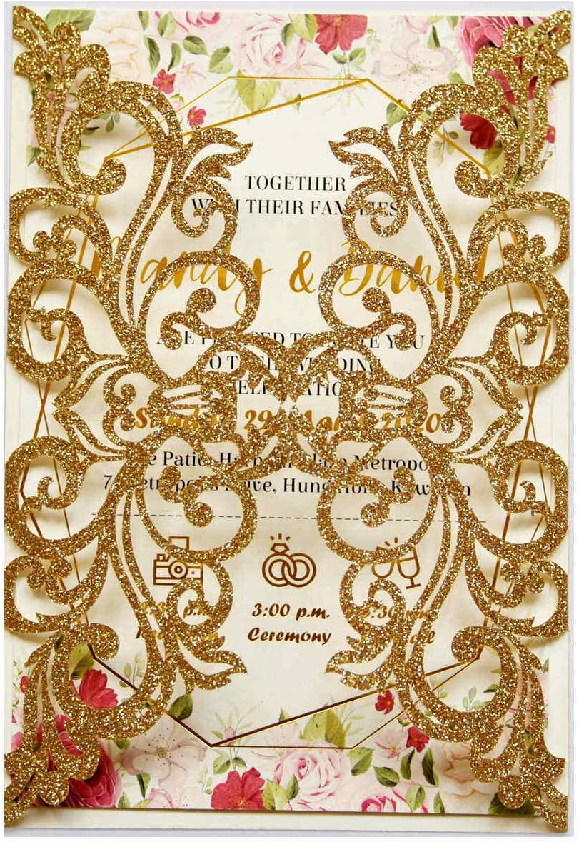 25PCS Gold Glitter Laser Cut Wedding Invitations Cards with Envelopes,Blank Inner Sheets,Ribbons for Wedding Bridal Shower Quinceañera Engagement Birthday Invites
