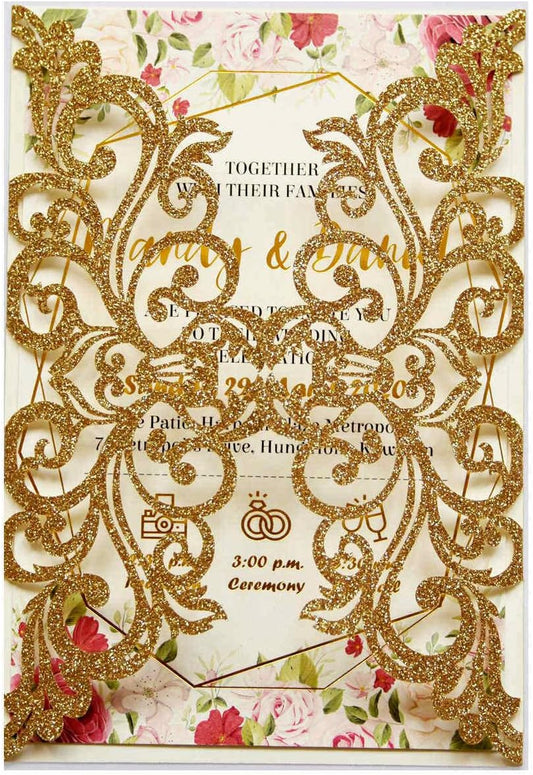 25PCS Gold Glitter Laser Cut Wedding Invitations Cards with Envelopes,Blank Inner Sheets,Ribbons for Wedding Bridal Shower Quinceañera Engagement Birthday Invites