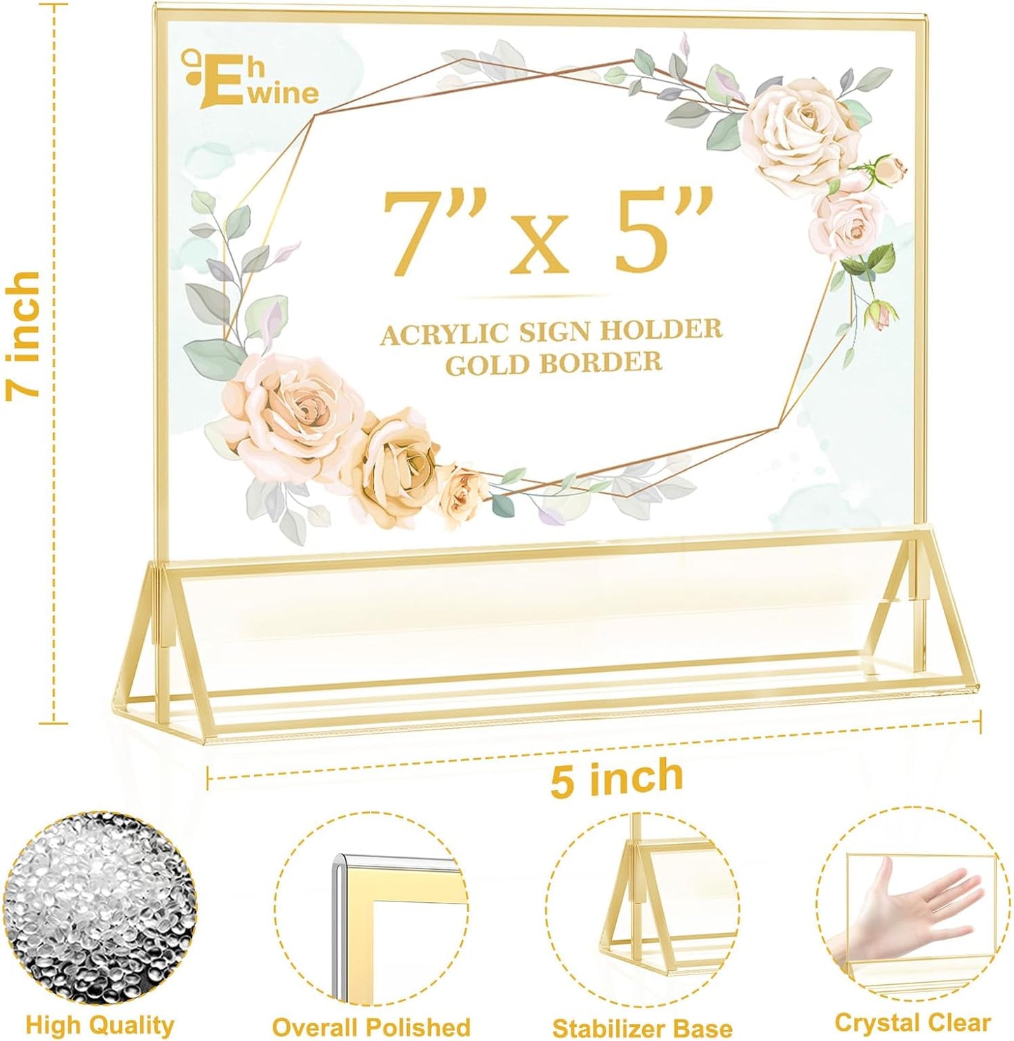 EHWINE 24 Pack Acrylic Sign Holder 5 x 7 Horizontal, Double-Sided Stand up Table Top Sign Holders, Gold Acrylic Picture Frame Menu Flyer Paper Holder Display Stand for Office Business Store Wedding Party
