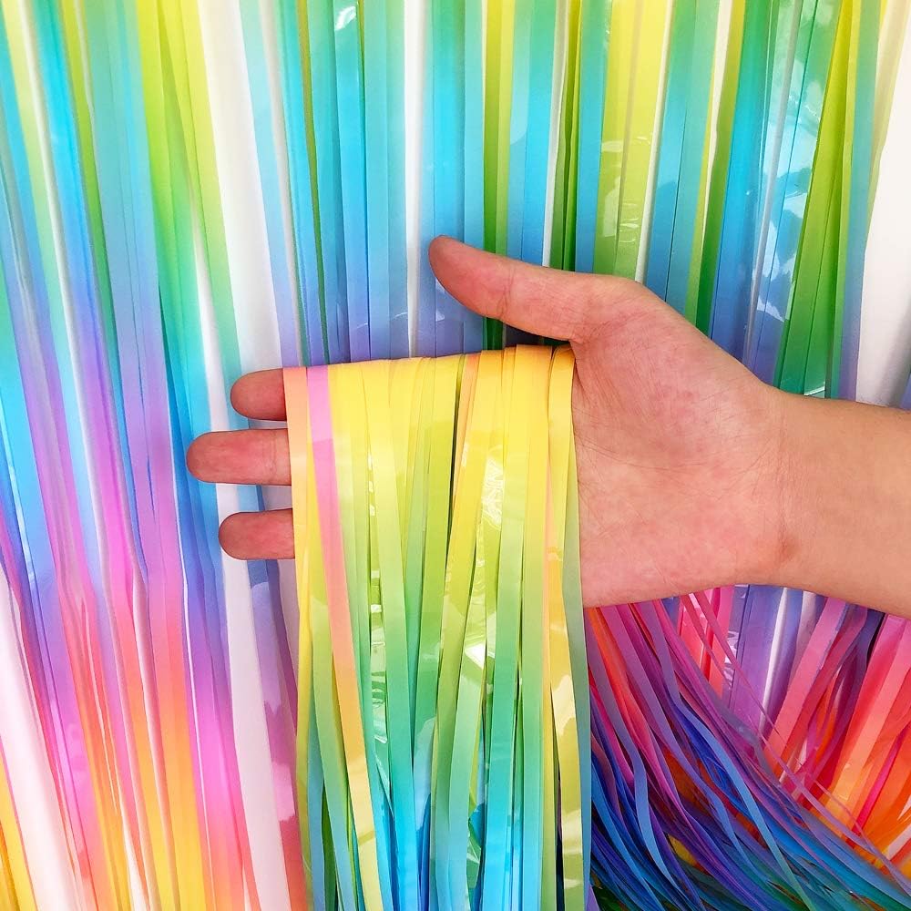 BEISHIDA 2 Pack Light Rainbow Foil Fringe Curtain Assorted Colorful Tinsel Metallic Curtains Photo Backdrop for Birthday Party Wedding Engagement Bridal Shower (3.28 x 6.56 ft)