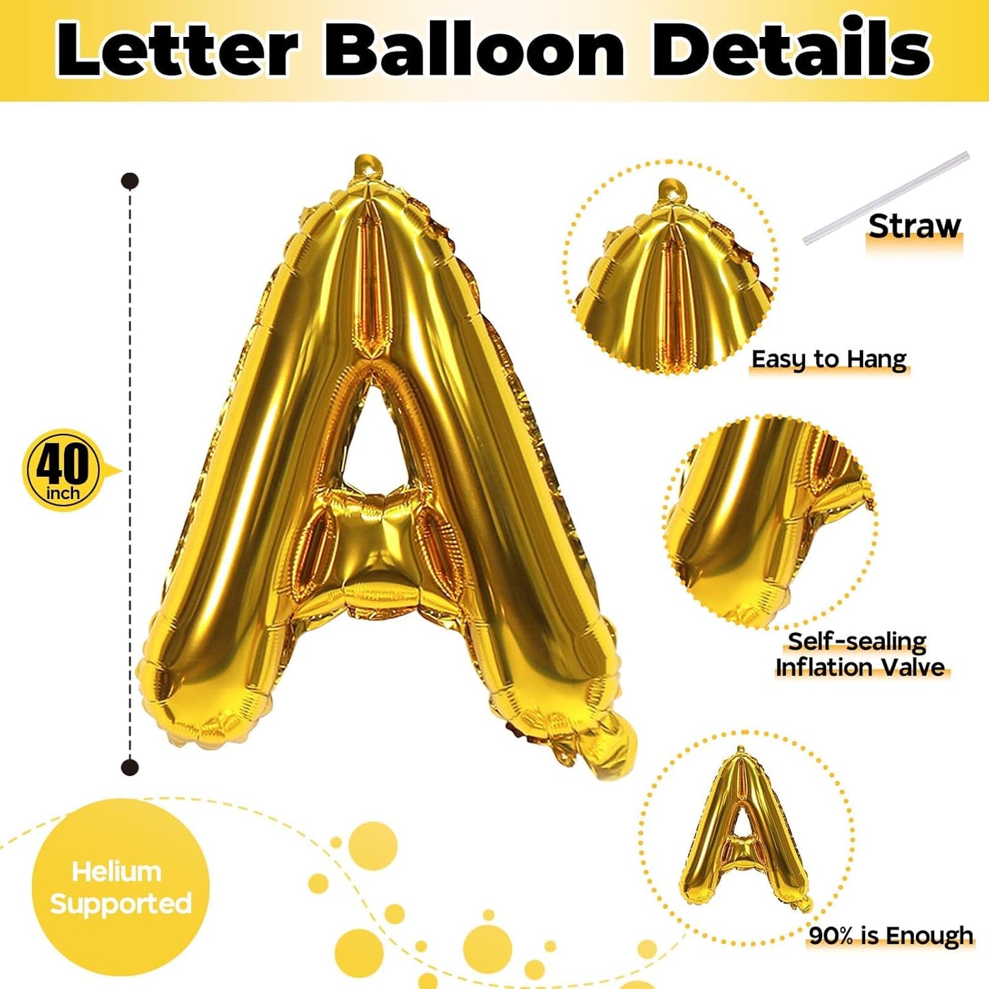 Letter Balloons Gold, 40 Inch Alphabet Name Balloons, Large Mylar Self Inflating Custom Balloon Letters A Decor, Helium Foil Customize Letter Balloons for Men Women Birthday Party Decorations Supplies