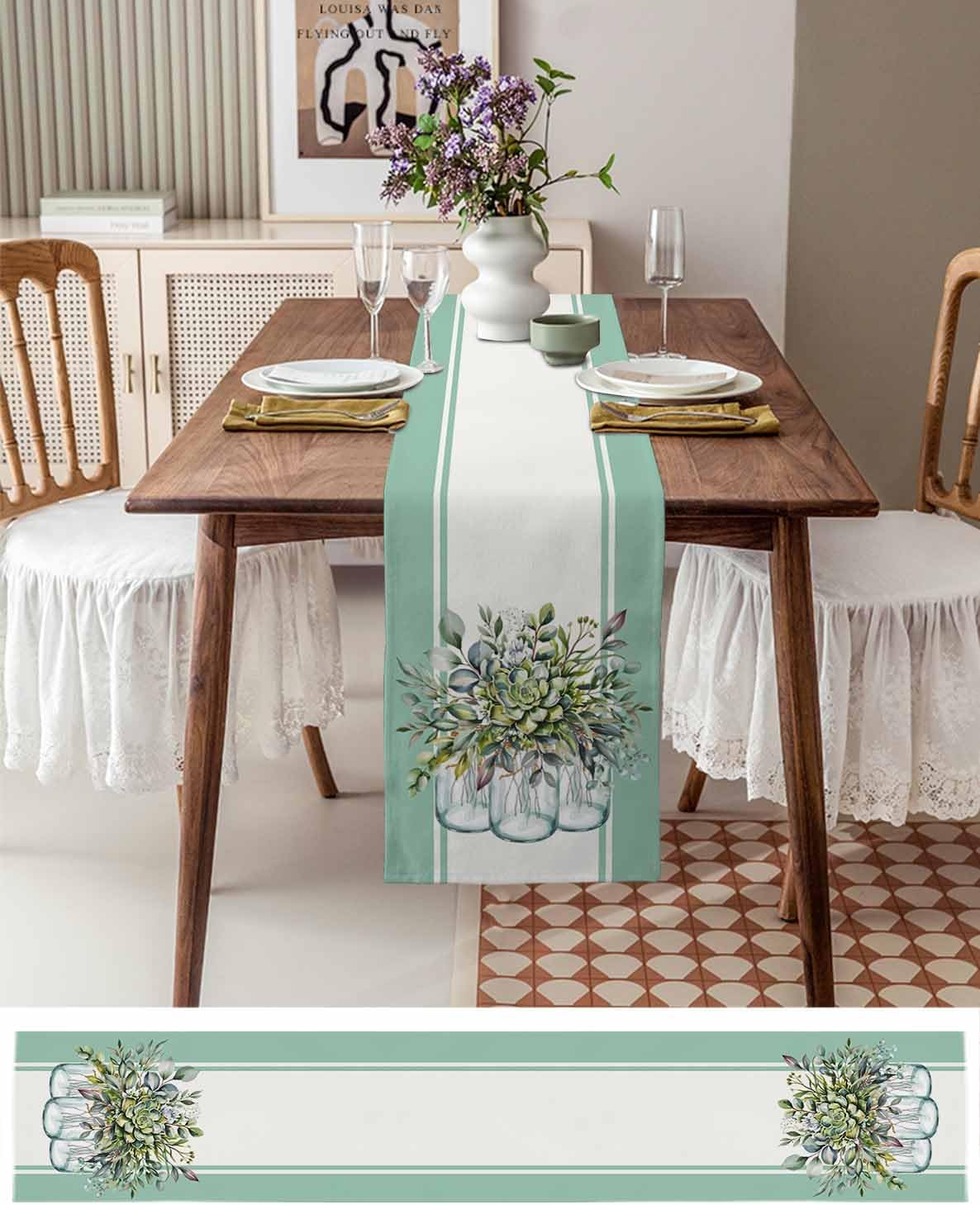 Eucalyptus Cotton Linen Table Runner for Dining Kitchen, Wedding Outdoor Party Tablerunners Decoration, Green Leaves Botanical Plants Watercolor Dresser Scarf Coffee Tablecloth Runners 13x48 Inches