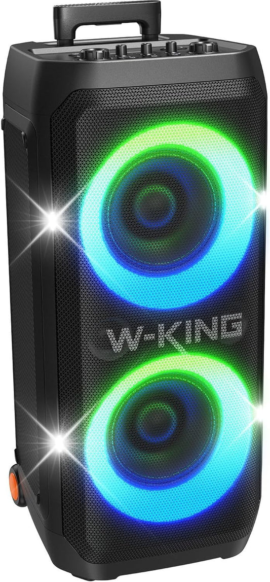 W-KING Portable Speaker Bluetooth Partybox Loud, 370W MAX Pro Sound, Deepest Bass,Large Outdoor Boom Box Wireless,Telescopic Handle&Sturdy Wheels, 25H, Futuristic Light,CSB,MIC&Guitar in,Fast Charge