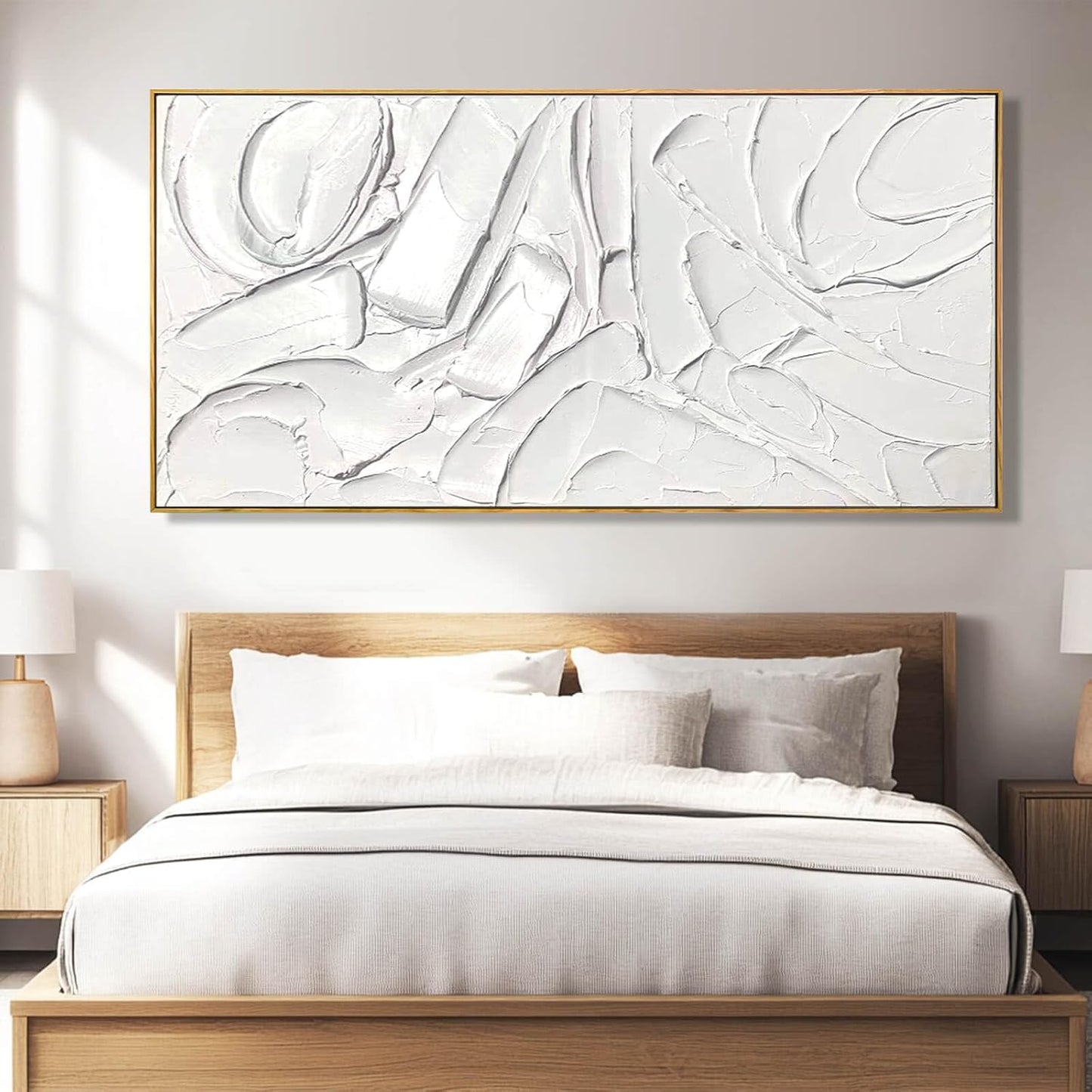 XIANSHOU White Artwork for Walls Contemporary Abstract Art Hand Painted 29"x58" Line Art Wall Decor Large Wall Art for Living Room Bedroom Hotel