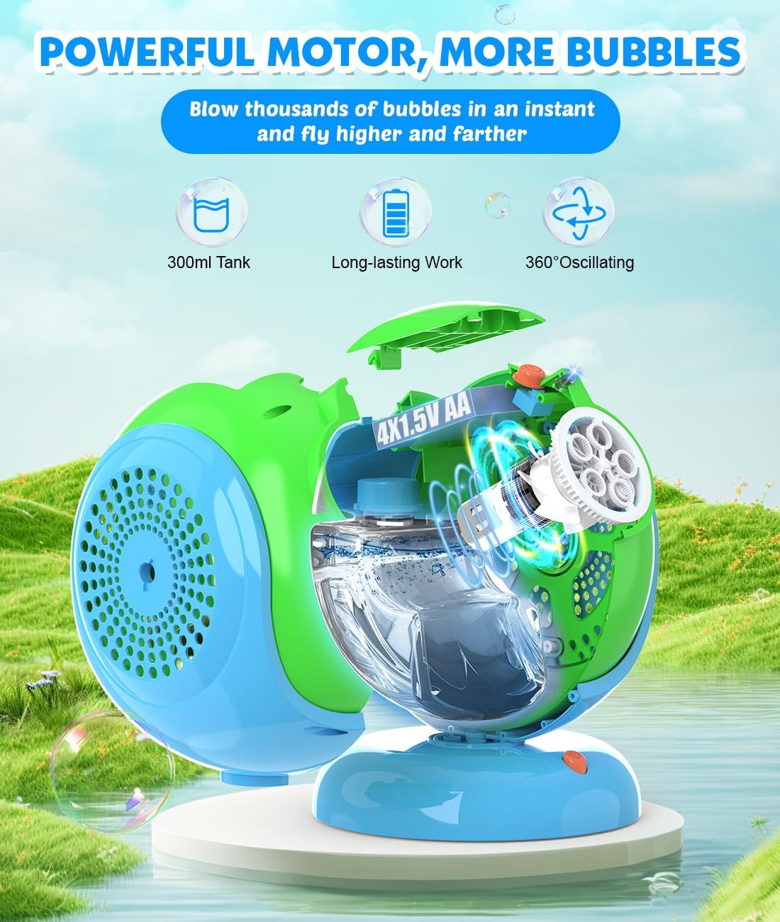 Joyfuture Bubble Machine, Automatic Bubbles Blower for Kids, Toddlers - 360° Rotation, 75° Adjustment, with Handle - Gifts Toys for Boys, Girls Age 1+ Year Old, Hallween, Outdoor, Birthday Party