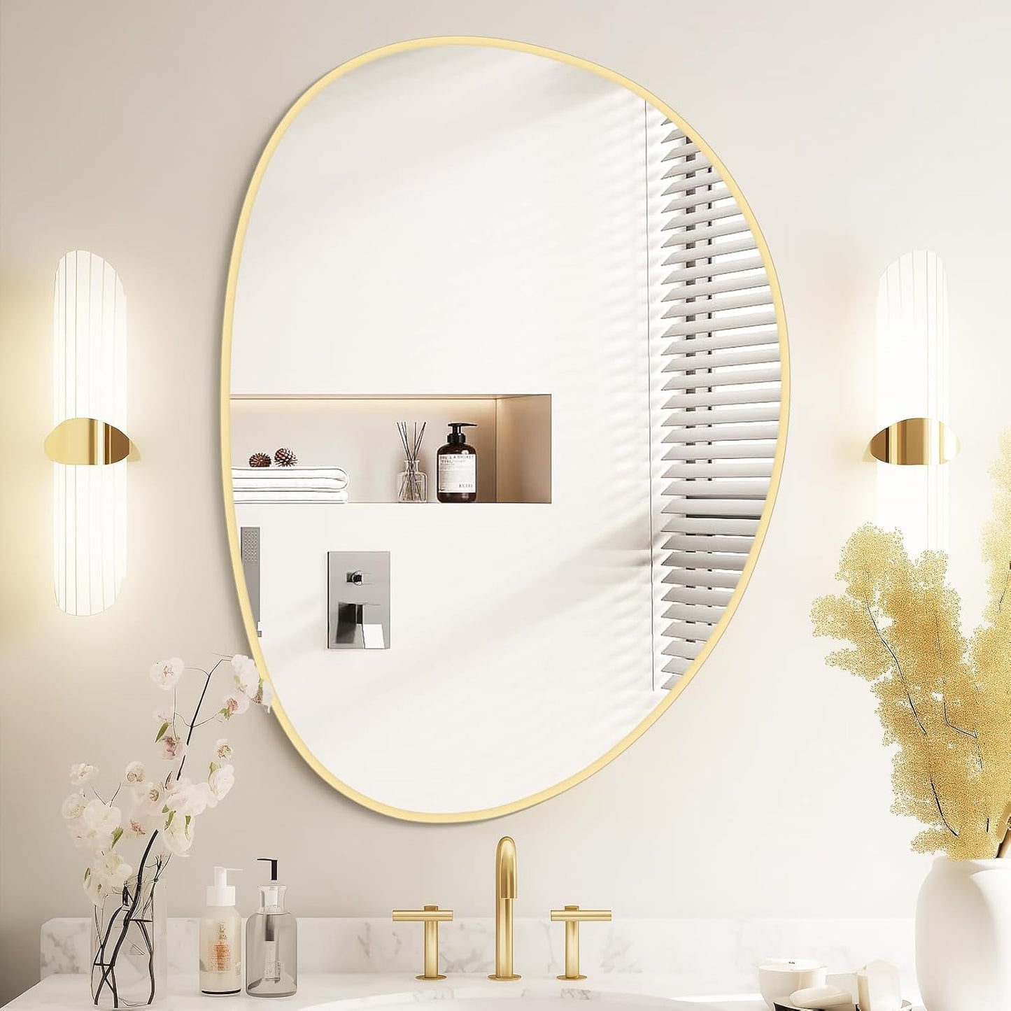 WallBeyond Irregular Wall Mirror, Asymmetrical Mirror Wall Mounted with Gold Framed for Living Room, Bathroom, Bedroom, Entryway Wall Decor, 28"×21", Gold