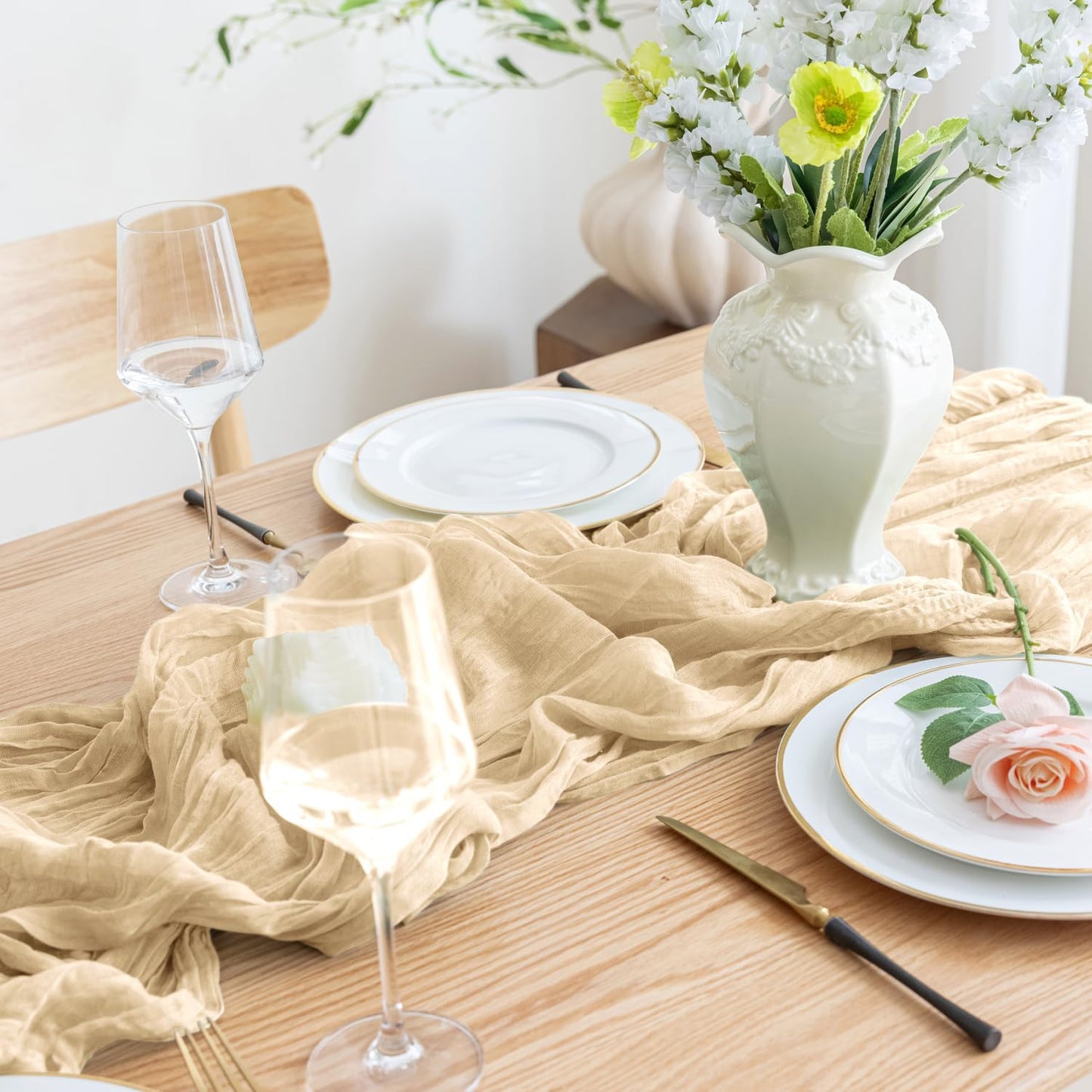 Asee'm 3pcs Cheesecloth Table Runner 120 Inches Long Sand Boho Gauze Cheese Cloth Runner 10FT Rustic Sheer Table Runners for Christmas Wedding Party Baby Shower Spring Easter Decoration