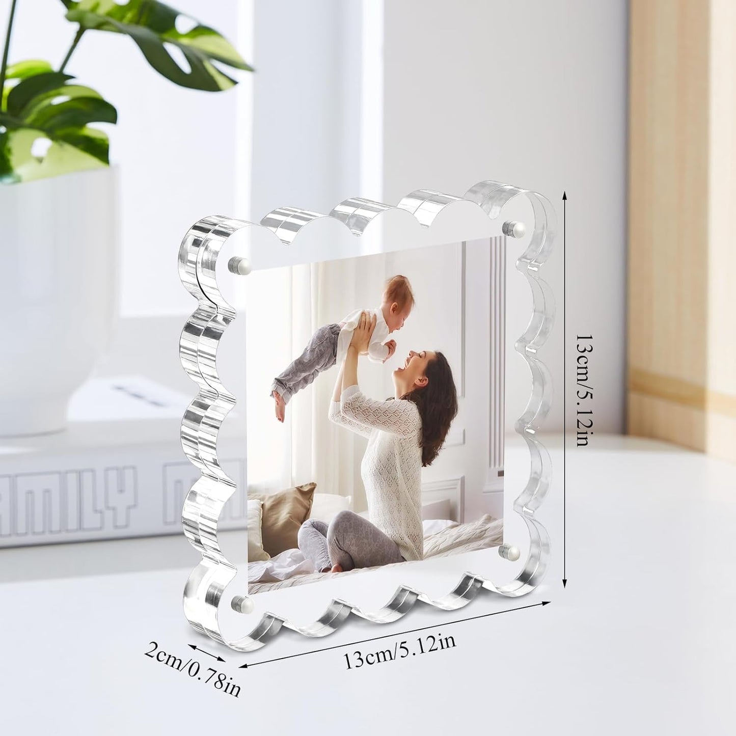 Clear Picture Frames 3Pack - Acrylic Magnetic Photo Frame 4×4 Inch, Double Sided Magnet Frames with Scalloped Edges, 10+10mm Thick Freestanding Gift for Office/Home(Clear, 4x4)
