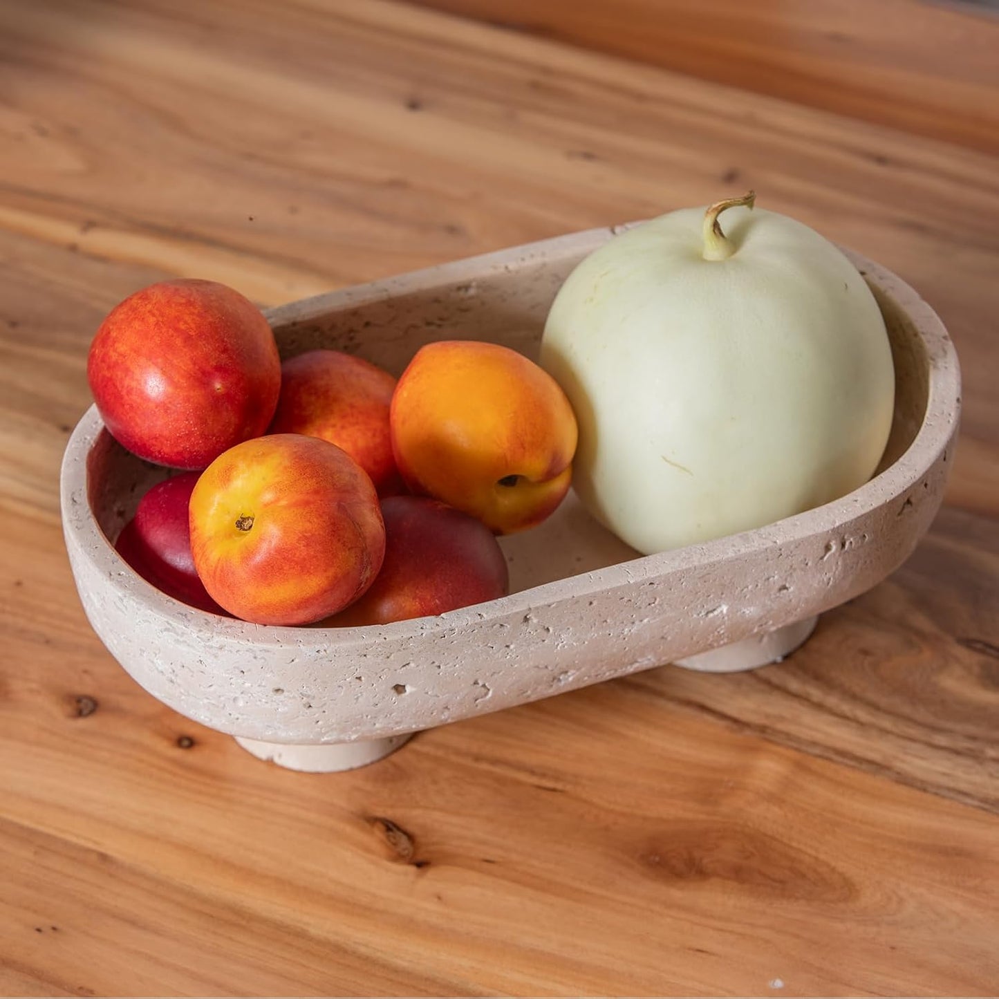 Natural Oval Travertine Fruit Bowl 10" – Large Decorative Bowl & Travertine Decor Pedestal for Kitchen Counter & Dining Table ,For Entryway, Kitchen Fruit Bowl, Potpourri, Dining Table Centerpiece.