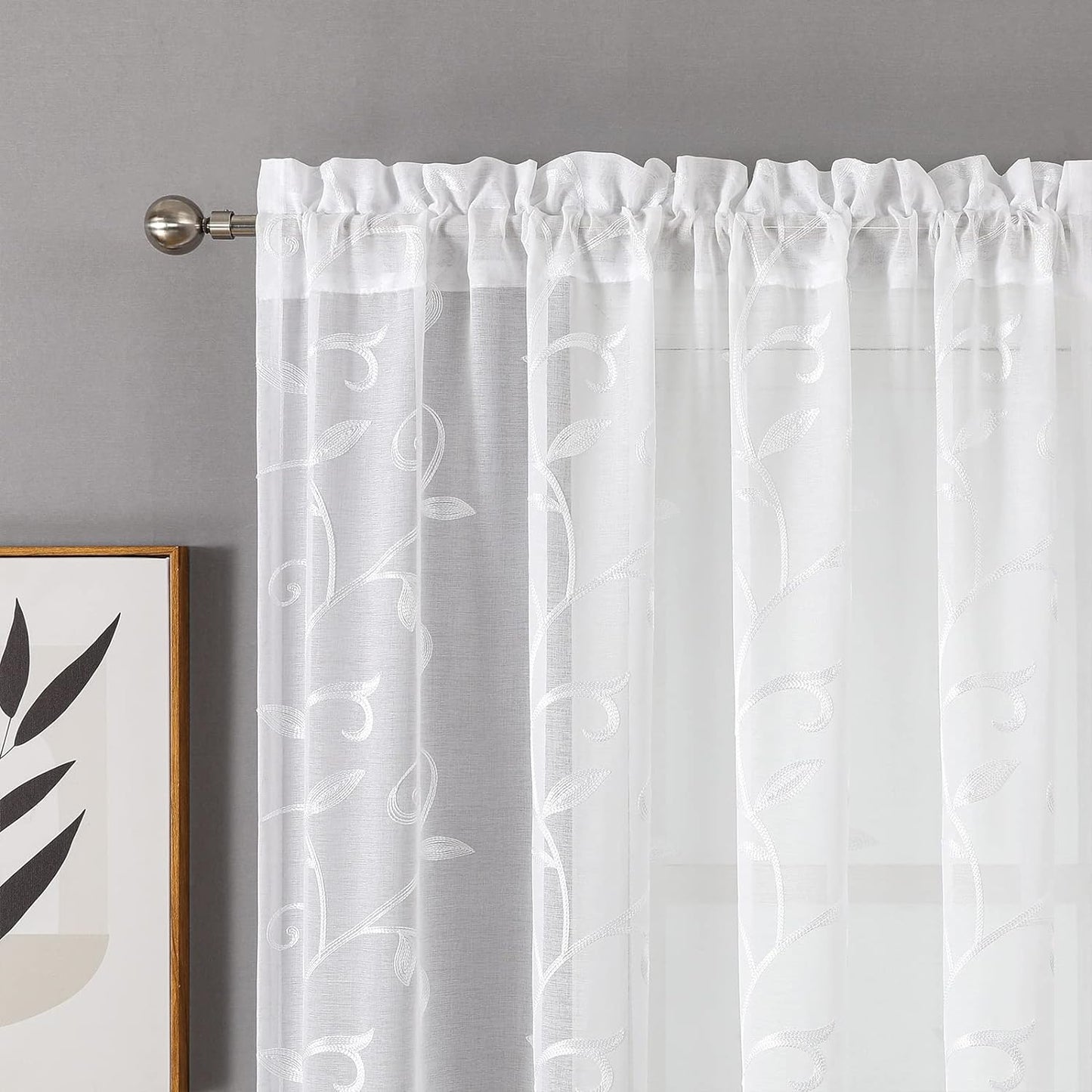 VISIONTEX White Leaves Sheer Voile Curtains, Decorative Embroidery Rod Pocket Window Drapes for Home Living Room and Bedroom 54 x 63 Inch, Set of 2 Curtain Panels