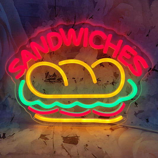 Sandwiches Neon Sign Sandwich Sign Food Neon Signs for Wall Decor, Sandwich Decorate for Home Kitchen Restaurant Store Fast Food Man Cave Party Decor, 12.9" x 9.2"