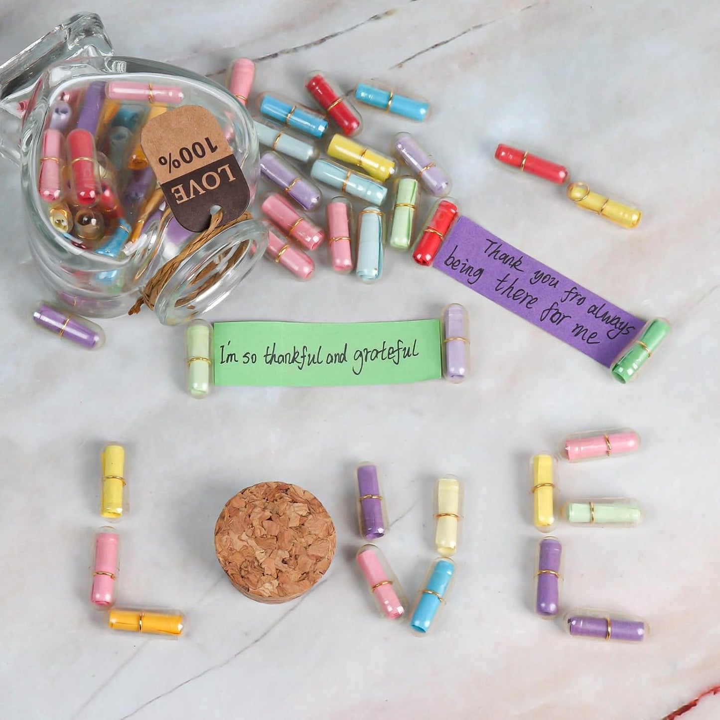 Capsule Letters Message in Glass Bottle，Message Pills Love Letter Gift for Boyfriend Girlfriend Wife Friend Birthday Christmas Anniversary Valentine Day Gift. (44PCS in a Bottle)
