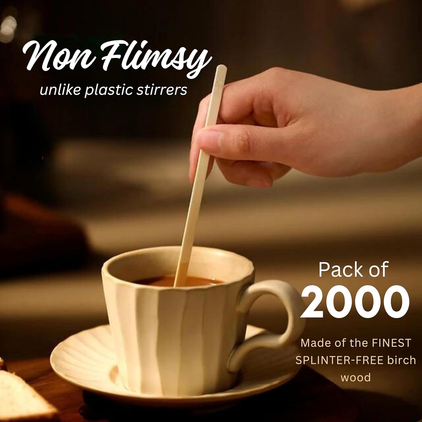 Coffee Stirrers Disposable Wooden Coffee Stir Sticks - Round-End Birchwood 5.5 Inches Large Wooden Stir Sticks - Pack of 2000 Wood Stir Sticks