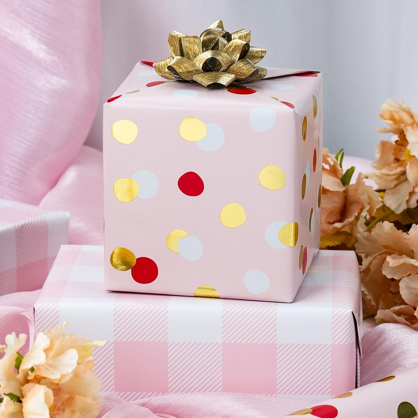 Burymento Red Gold Dots Wrapping Paper, Reversible Pink Lattice Design Gift Wrap for Baby Shower, Birthday, Valentines, Mothers day, Graduation, Wedding, Fathers day, Christmas (17 Inch X 32.8 Feet)