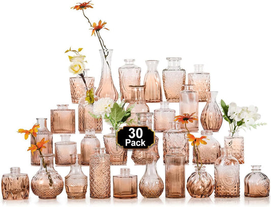 Arme Glass Bud Vase Set,30Pcs Small Glass Vase for Flowers, Clear Bud Vase in Bulk，Mini Single Vintage Vase for Centerpiece，Vases Bulk for Rustic Wedding Decor，Home Table Flower Décor(Amber)