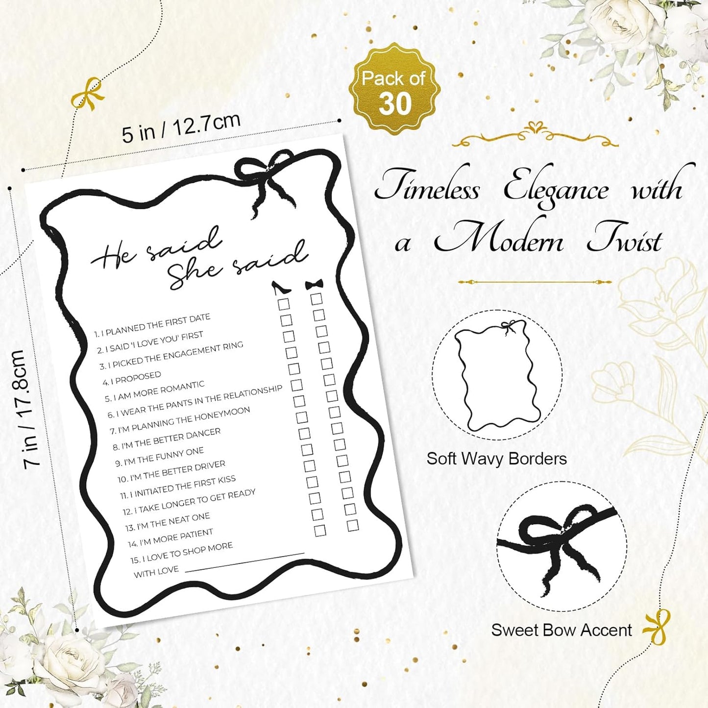 DEEKA 30 PCS Bridal Shower Games Card for 30 Guests Black Wavy Border Ribbon Bow Funny Wedding Bachelorette Party Games for Reception (He Said She Said)