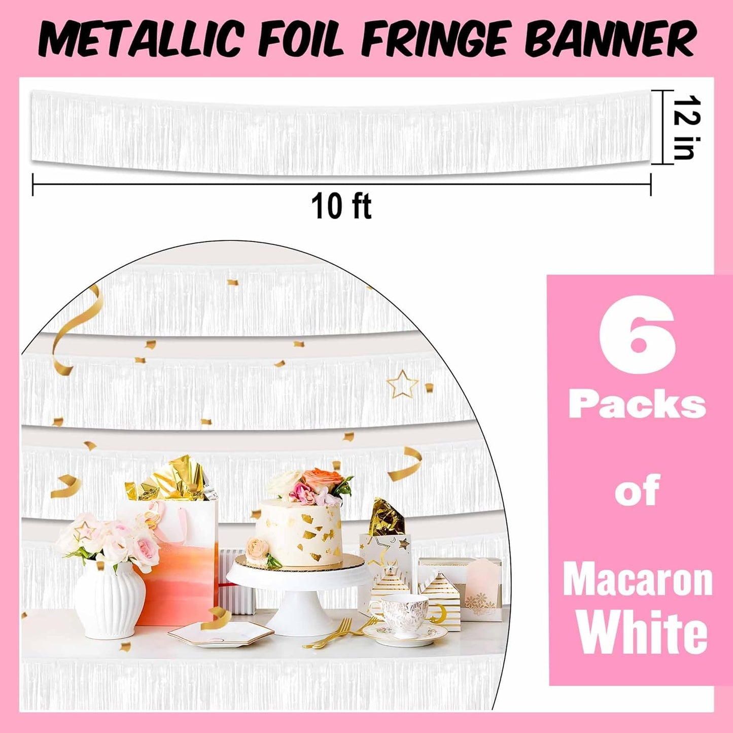 6 Pack 10 Ft Macaron White Foil Fringe Garland Metallic Streamers Tinsel Banner Wall Hanging Garland Backdrop for Parade Floats, Halloween, Christmas, Thanksgiving, New Year Party Decorations