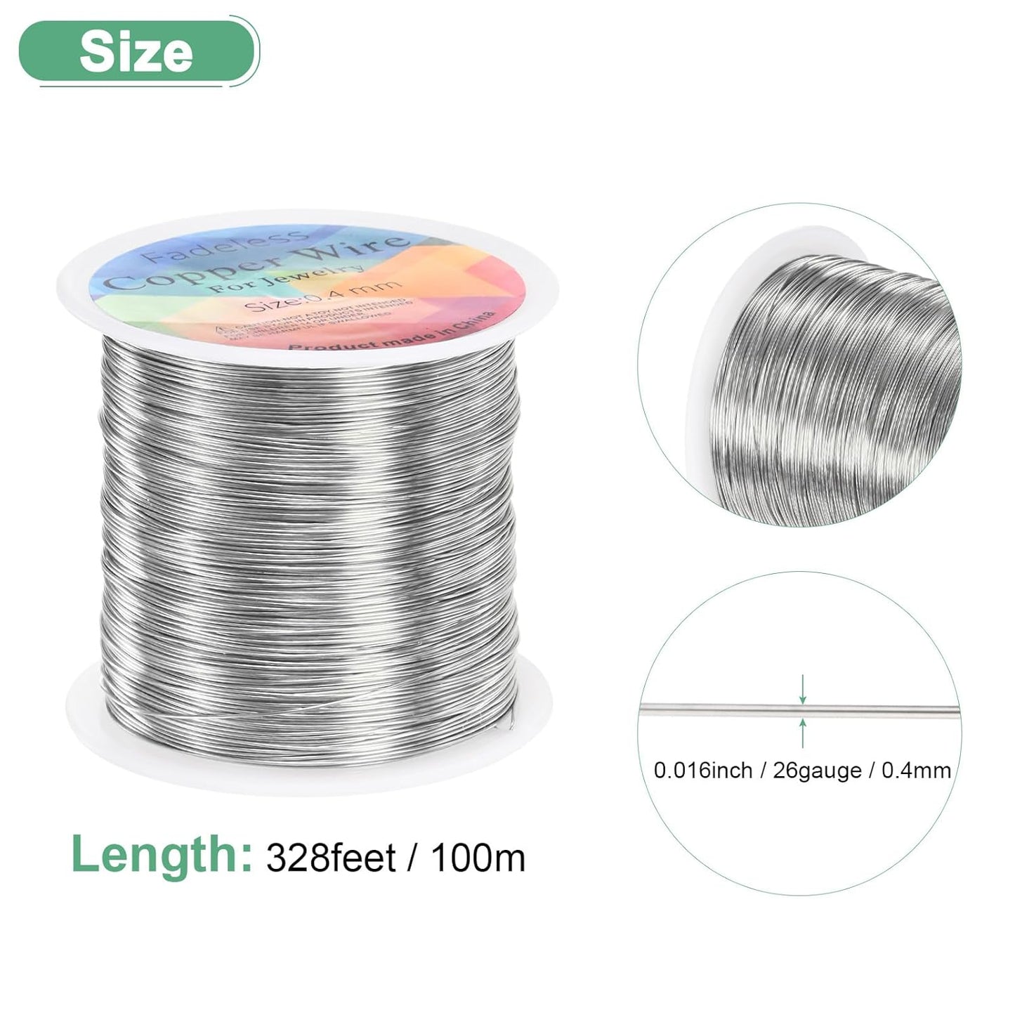 0.4mm Jewelry Wire, 26 Gauge 328FT Craft Wire Copper Beading Wire for Jewelry Making/Planting/Weaving/DIY Crafting, Soft Metal Wires [100M, Silver White]