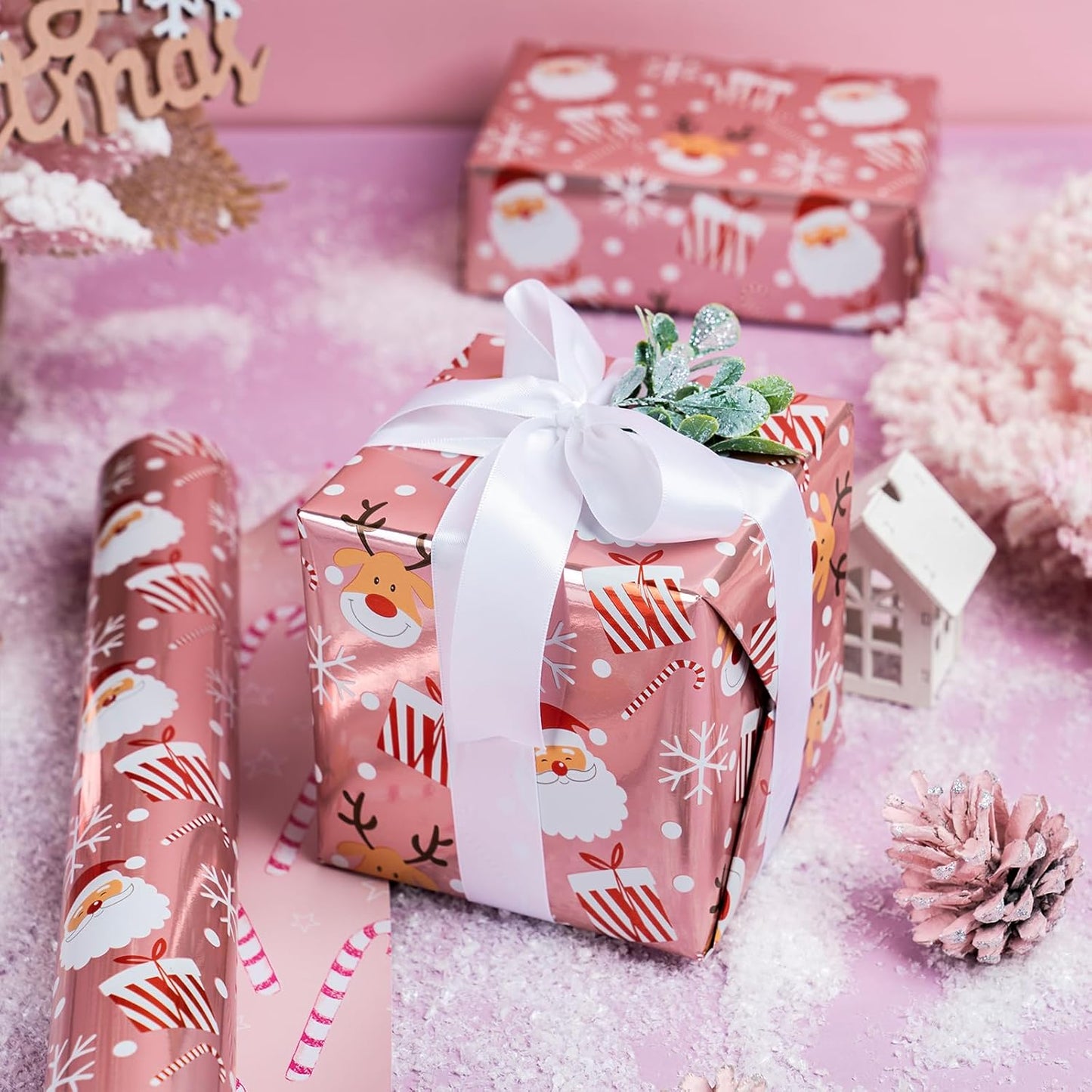 LeZakaa Christmas Pink Wrapping Paper Mini Roll, Santa Claus & Candy Cane, Metallic Foil, Rose Gold Foil Reversible Design for Festive Winter Holiday, Family Gathering, 17 inches x 32.8 Feet