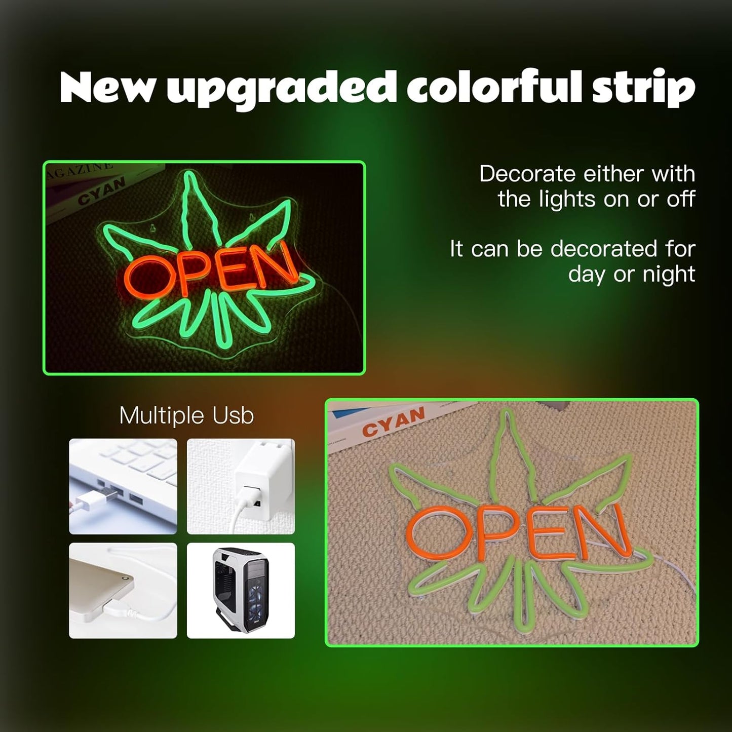 Ineonlife Green Leaves Open Neon Sign USB Dimmable Neon Signs for Wall Decor Psychedelic Led Light for Bar Club Cafe Shop Parties Window Decorations Adjustable Art Green Leaves Light