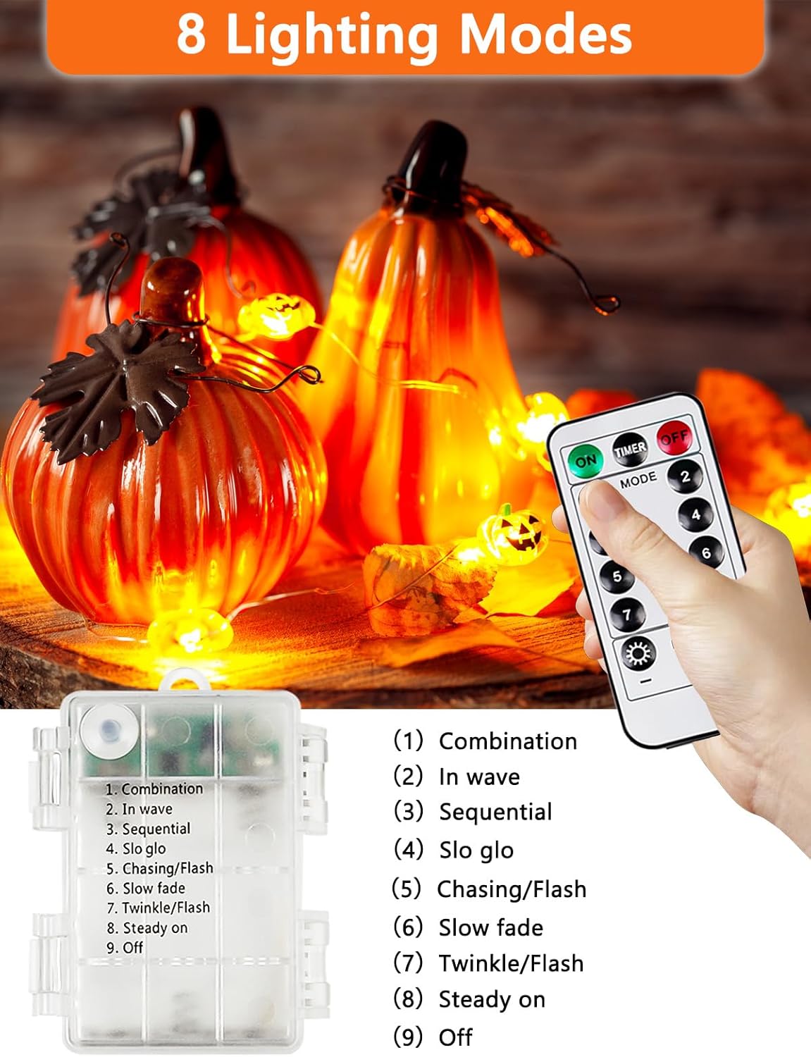 Halloween Fairy Lights Battery Operated 15Ft 40LED Orange Pumpkin String Lights 8 Modes with Remote, Warerproof Twinkle Lights with Timer for Indoor and Outdoor Halloween Decorations for Party Holiday