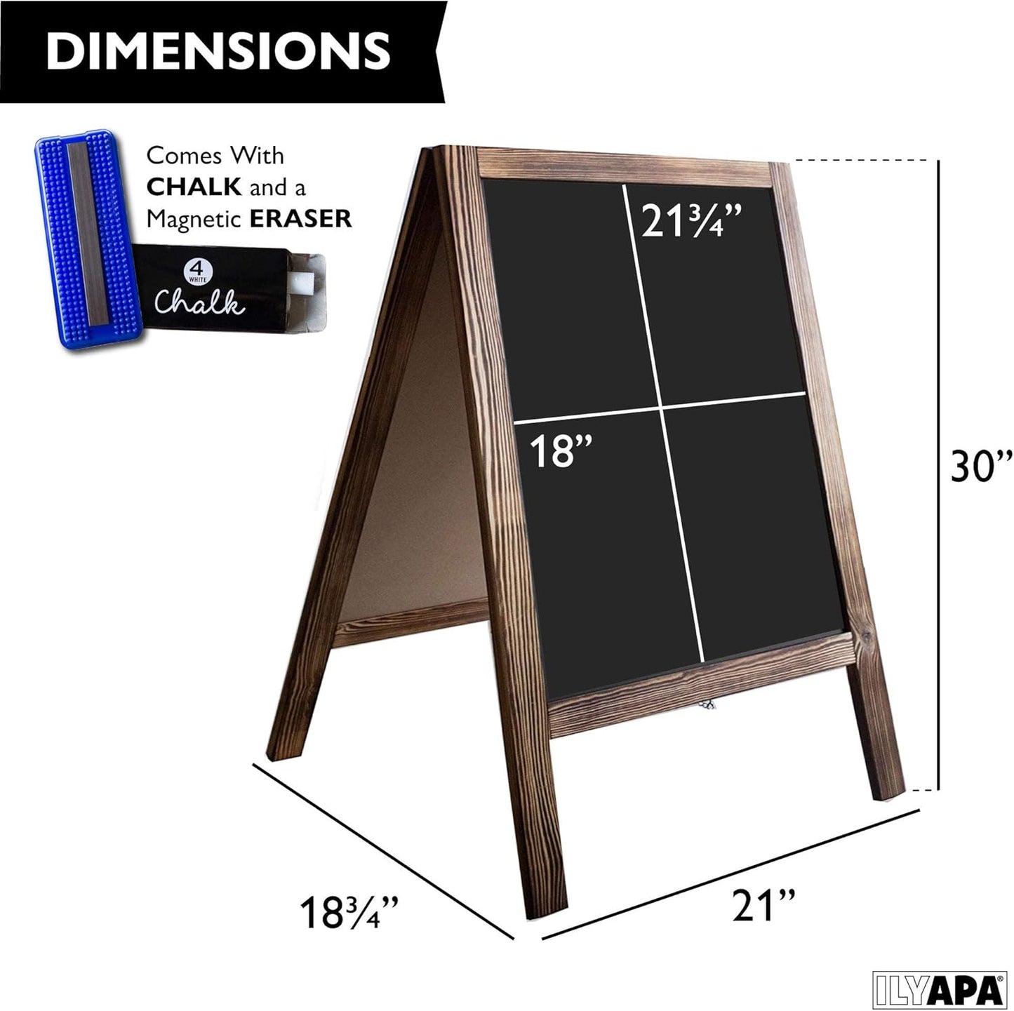Ilyapa Wooden A-Frame Sign with Eraser & Chalk - 21 x 30 Inches Magnetic Sidewalk Chalkboard – Stained Wood Menu for Restaurant, Business or Wedding
