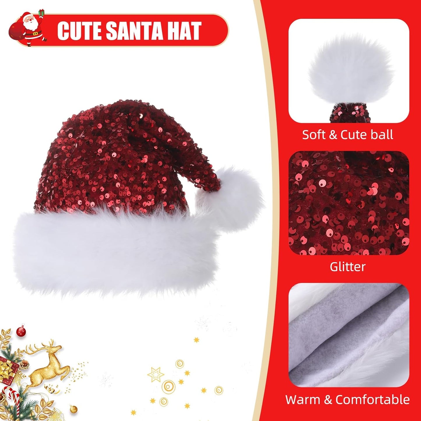 Personalized Sequin Santa Hat for Adults, Red Glitter Christmas Party Hat, Xmas Halloween New Year Holiday Headwear