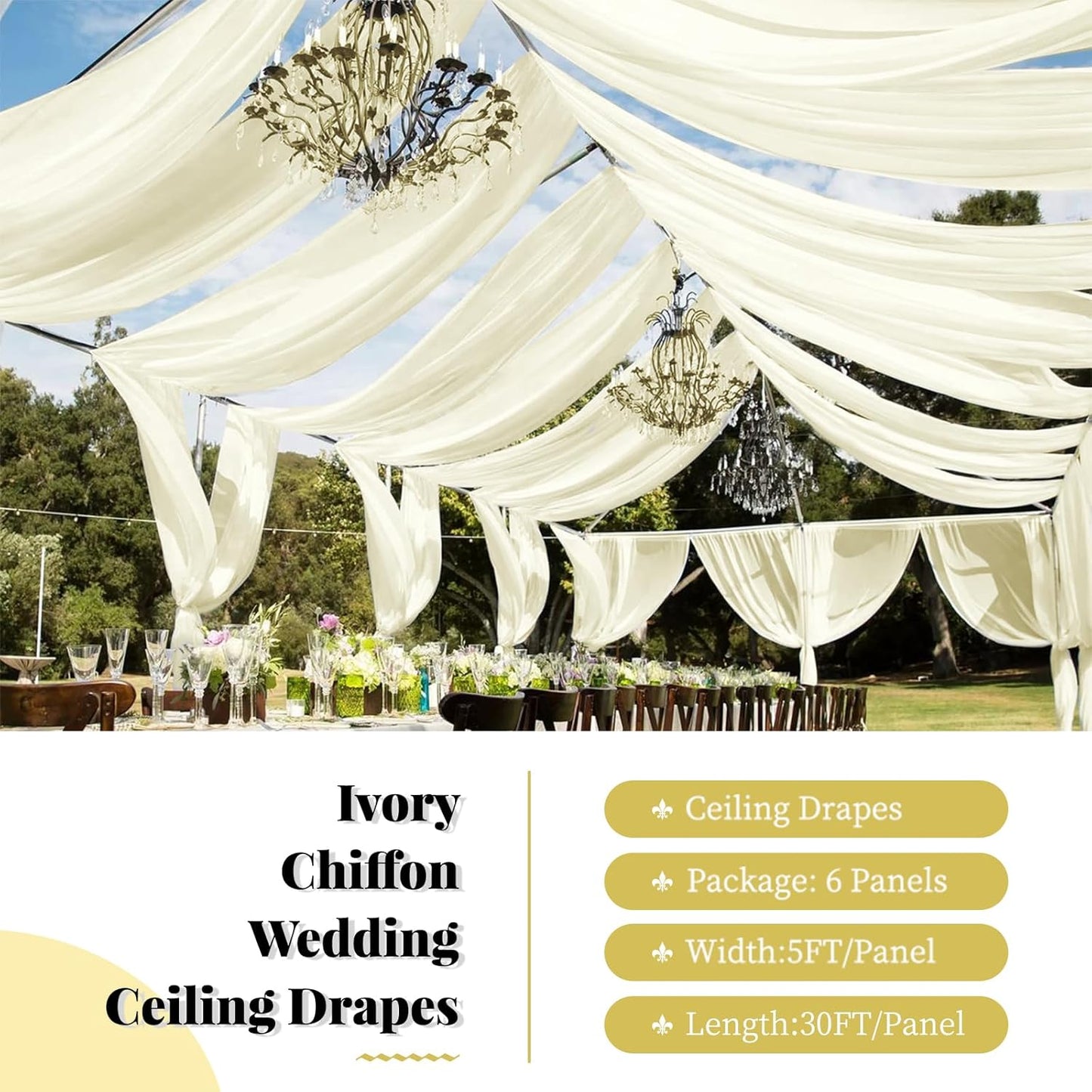 fani 6 Panels Ivory Wedding Ceiling Drapes 5ftx30ft Ceiling Drapes Chiffon Fabric Arch Draping Sheer Curtains Soft Drapery Draping Wedding Ceiling Decorations for Party Ceremony Stage Swag