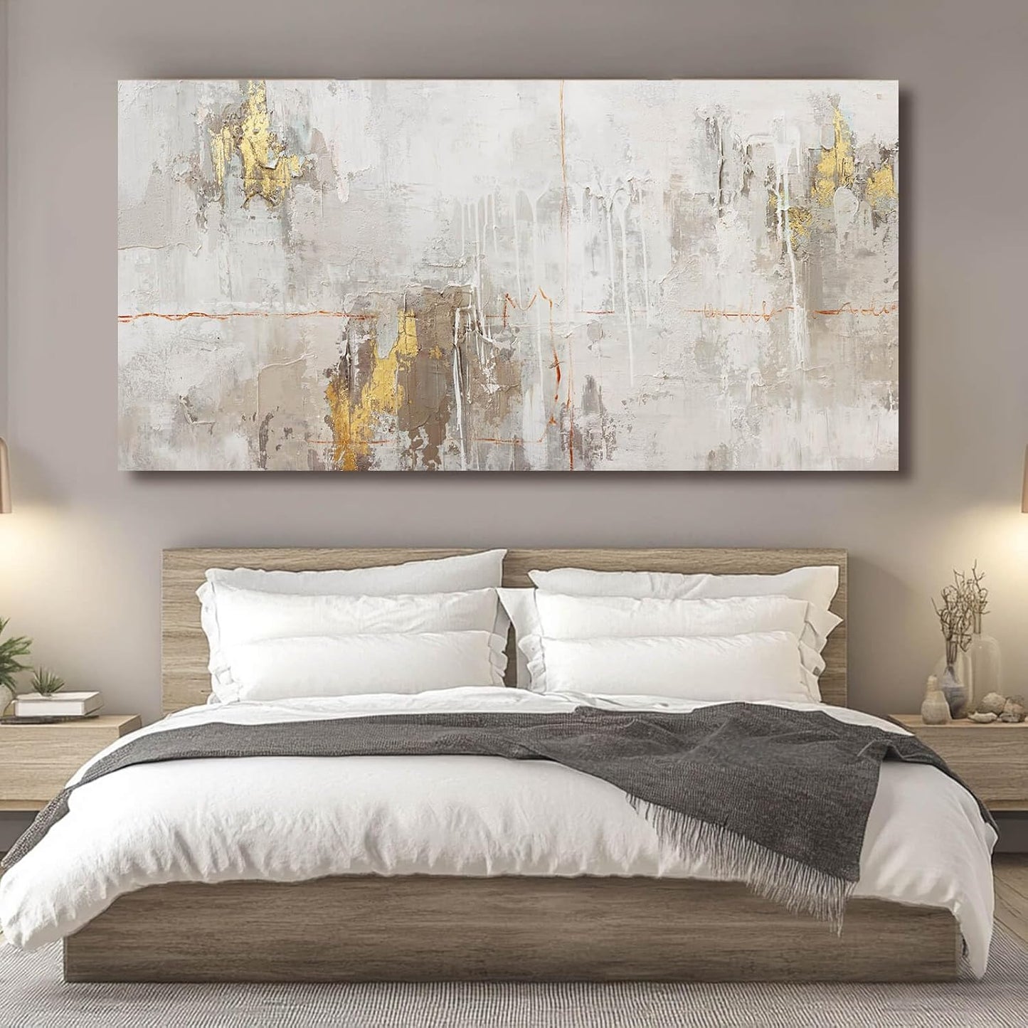 VAYIMDH Minimalist Wall Decor White with Gold Canvas Wall Art Grunge Posters Modern Abstract Paintings for Living Room Bedroom Dining Room 29"x 58"