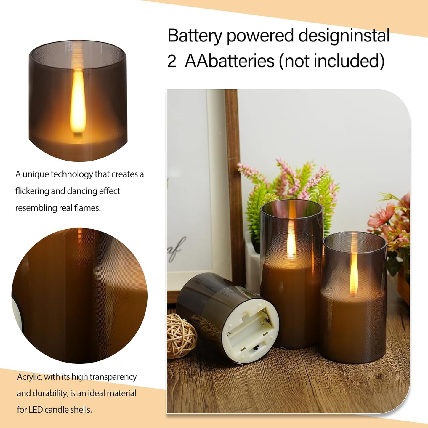 Flameless LED Candles, Upgraded Realistic Flickering Pillar Battery Operated Candles with Remote Timer, Acrylic Electric Set of 3 for Romantic Ambiance and Home Decoration（Grey）