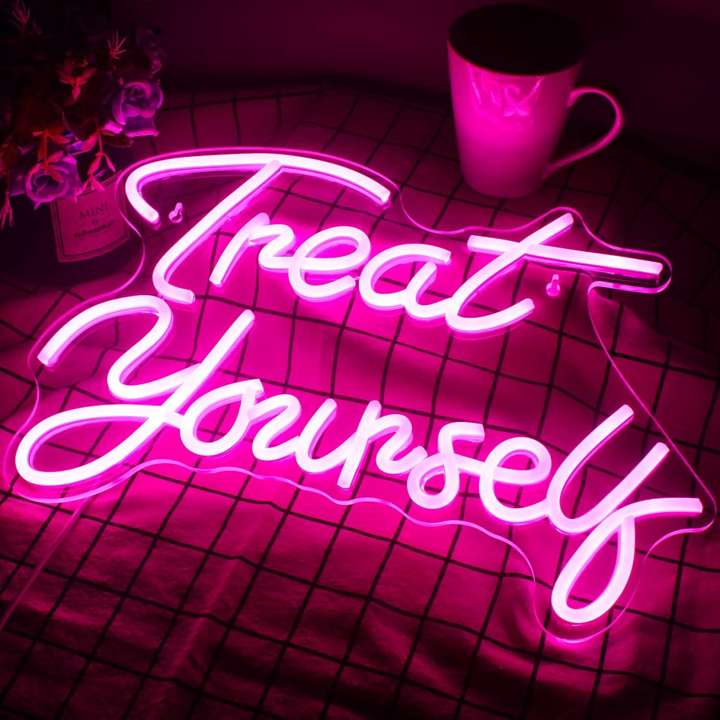 Wanxing Treat Yourself Neon Signs Pink Led Sign for Bedroom Wall Letter Neon Lights Wedding Signs Neon Room Decor for Birthday Gift Party Home Decor Bar