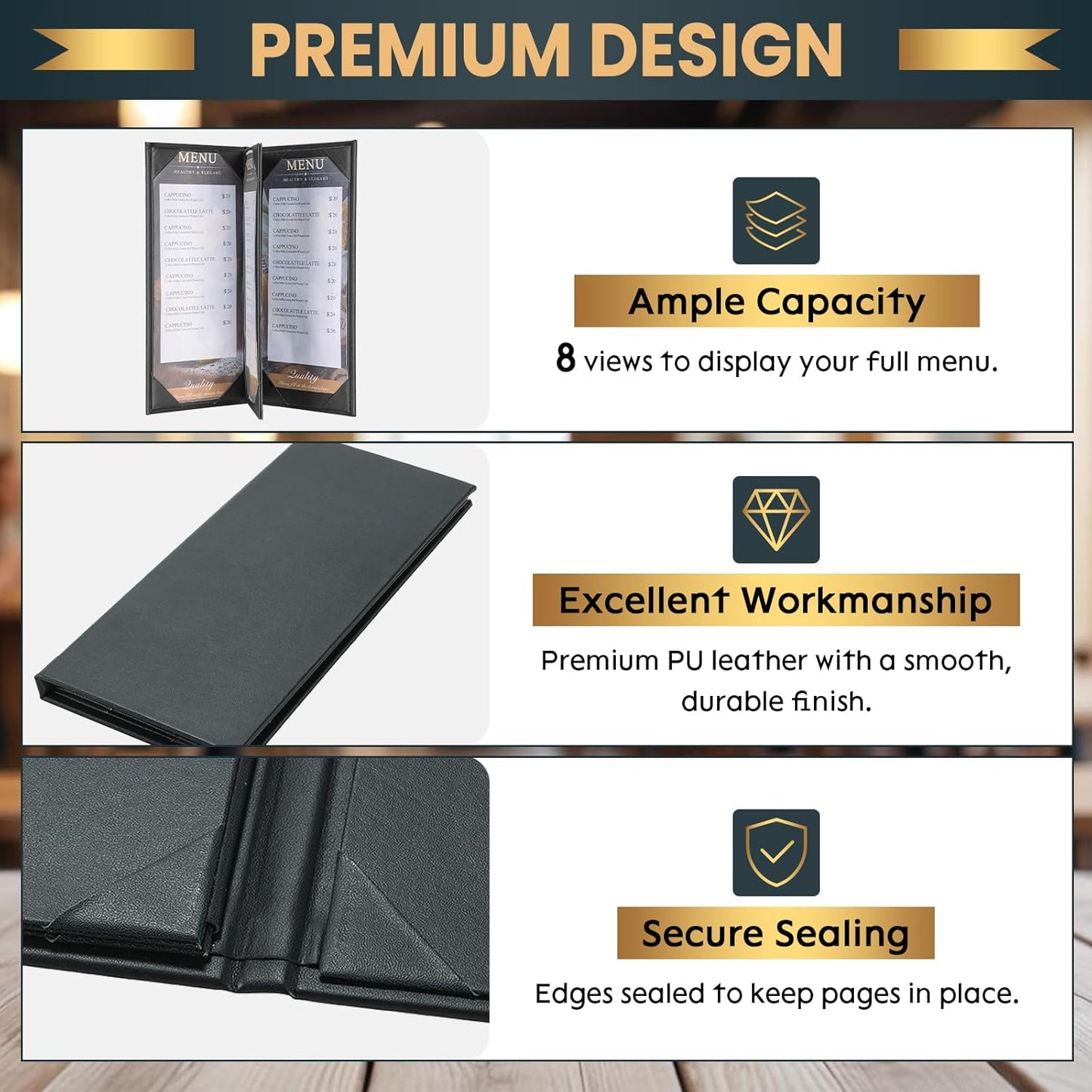 12 Pack 4 View Menu Holder Menu Covers 4.25" x 11" | Black Leather Menu Sleeves Book Style for Restaurant Coffee Bars Wine List
