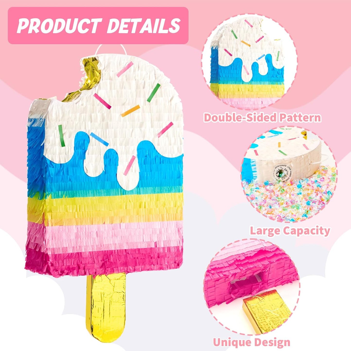 WERNNSAI Ice Cream Piñata - Sweet Summer Birthday Party Decorations Kids Colorful Popsicle Pinata with Blindfold and Bat for Summer Ice Cream Party Supplies Baby Shower Carnival Game