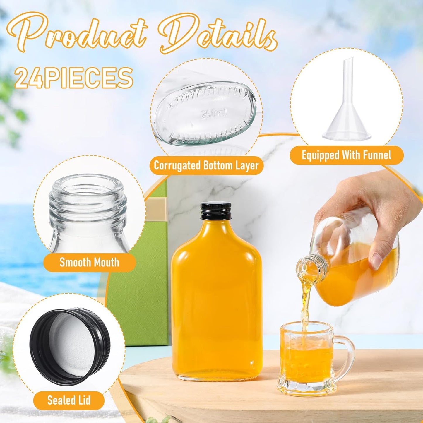 Gejoy 24 Pcs Mini Liquor Bottles Reusable Glass Flask Bottles with Black Caps Clear Empty Alcohol Shot Jars Small Champagne Jars with 4 Funnels for Wine Weddings Party Favors Christmas(8.5 oz)