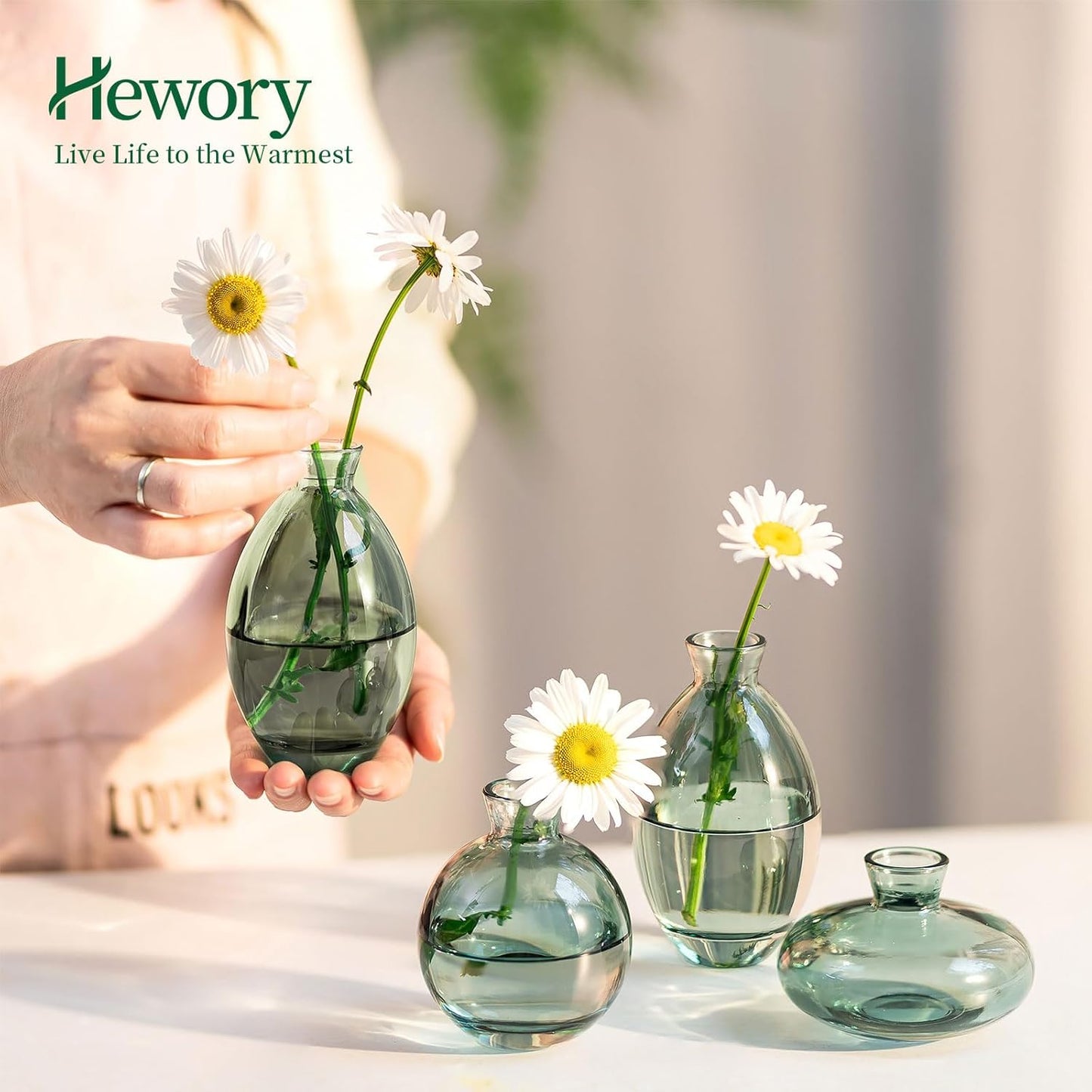 Glass Bud Vases Set of 3, Hewory Cute Green Small Vases Handmade, Mini Glass Flower Vase for Floral Arrangements, Tiny Centerpiece for Home Office Wedding Party Events Table Decor (Not Include Flower)