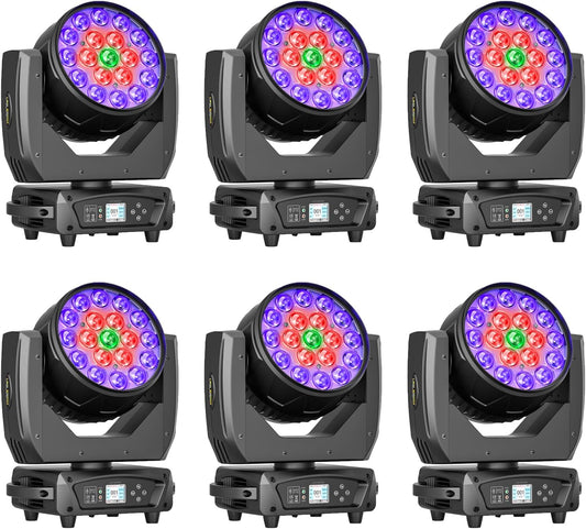 19x10W Moving Head Light Focusing/Beam/Wash/Zoom Effect Stage Lights 4-in-1 LED DMX512 & Sound Activated Control for DJ Disco Nightclub KTV Bar Theater Shopping Mall (6 PCS